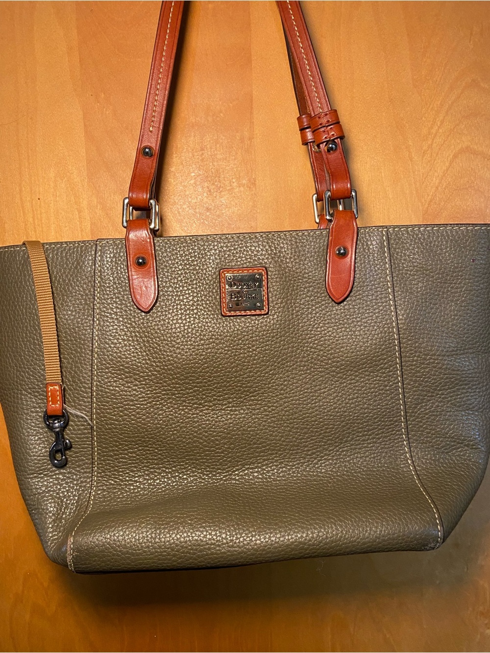 Dooney & Bourke Olive Pebble Leather Tote with Tan Handles